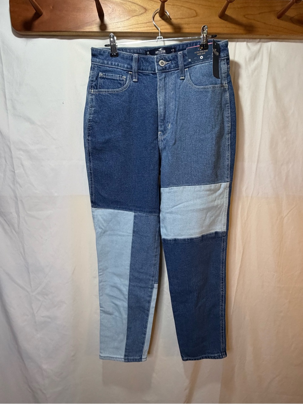 Hollister Colorblock Patchwork Women’s Jeans - High Rise, Mom, Blue Multi NWT